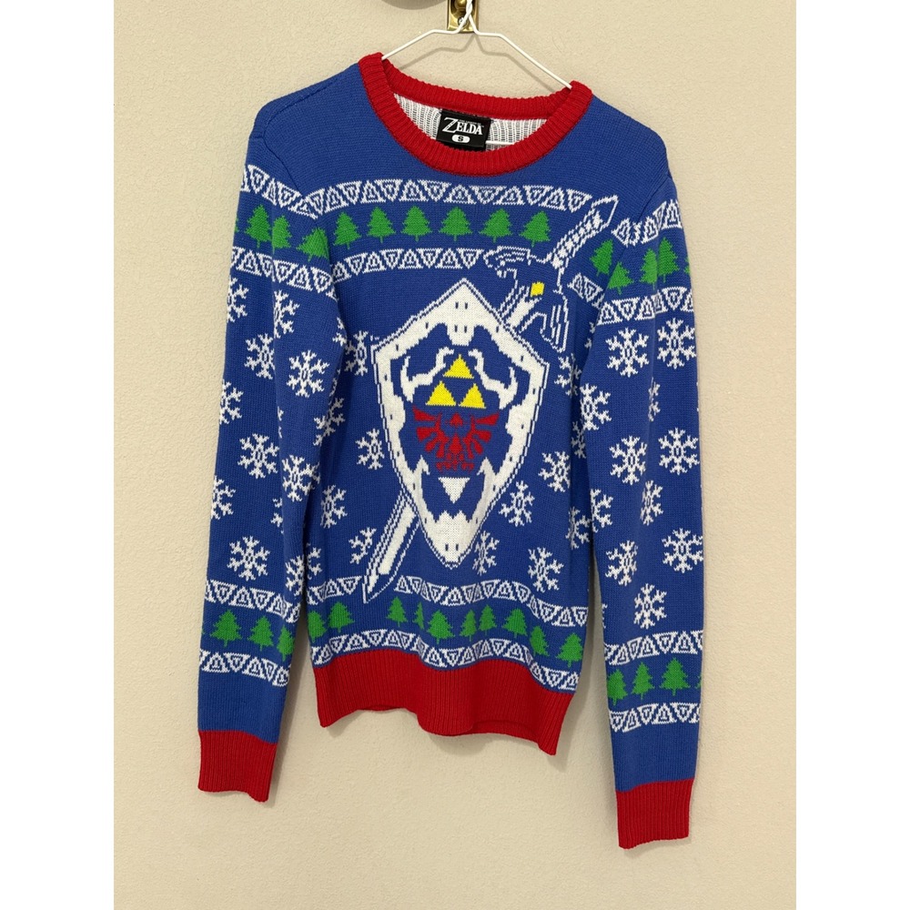 Zelda Holiday Sweater Adult Small Blue Hylian Shield Nintendo Knit Pullover